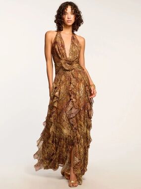 Ramy Brook Emerance Brown Metallic Animal Print Plunge Gown